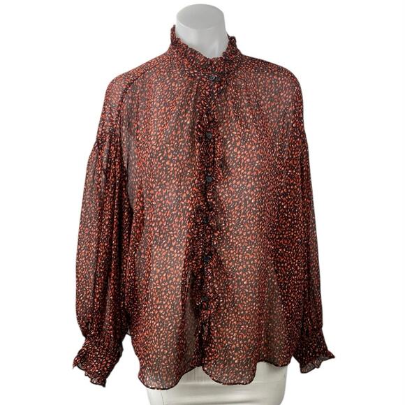 Mango MNG Brown Printed Ruffle Button Up Long Puff Sleeve Sheer Blouse Top Sz 4 - Picture 1 of 6